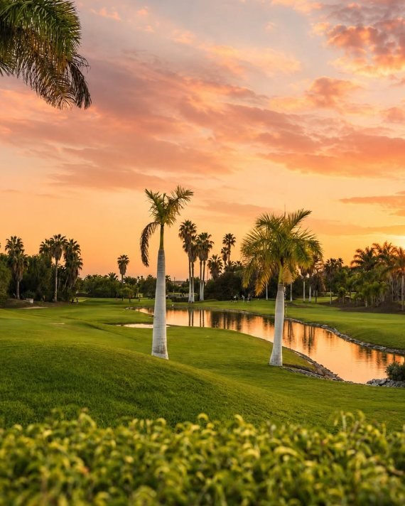 Atardecer sobre el campo y el lago de Golf Los Palos, Arona